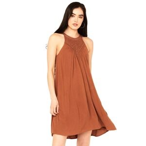 NEW SHYANNE Crochet Yoke Crinkle Mini Dress Women's XXXL Brown Coachella Western